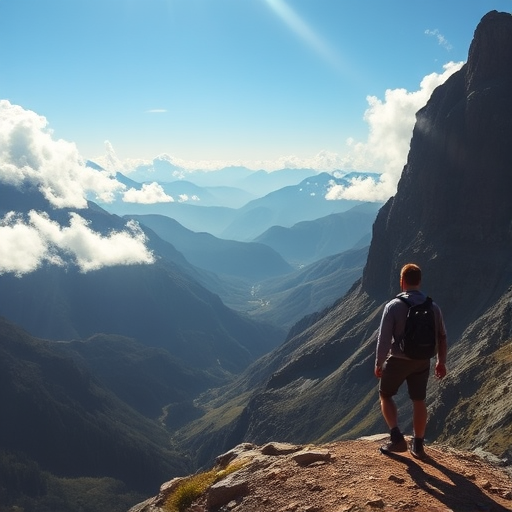 Dramatic mountain landscape, with a lone hiker standing at a viewpoint, gazing at the vast valleys below, as clouds drift lazily by against a blue sky.