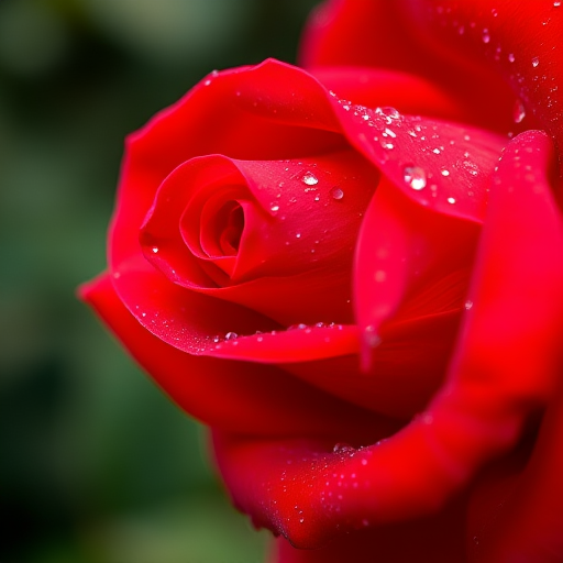 close-up shot of a vibrant red rose with dewdrops, shallow depth of field, f/1.8 aperture, 50mm lens, natural soft lighting, DSLR camera, macro photography style, high resolution, vivid colors