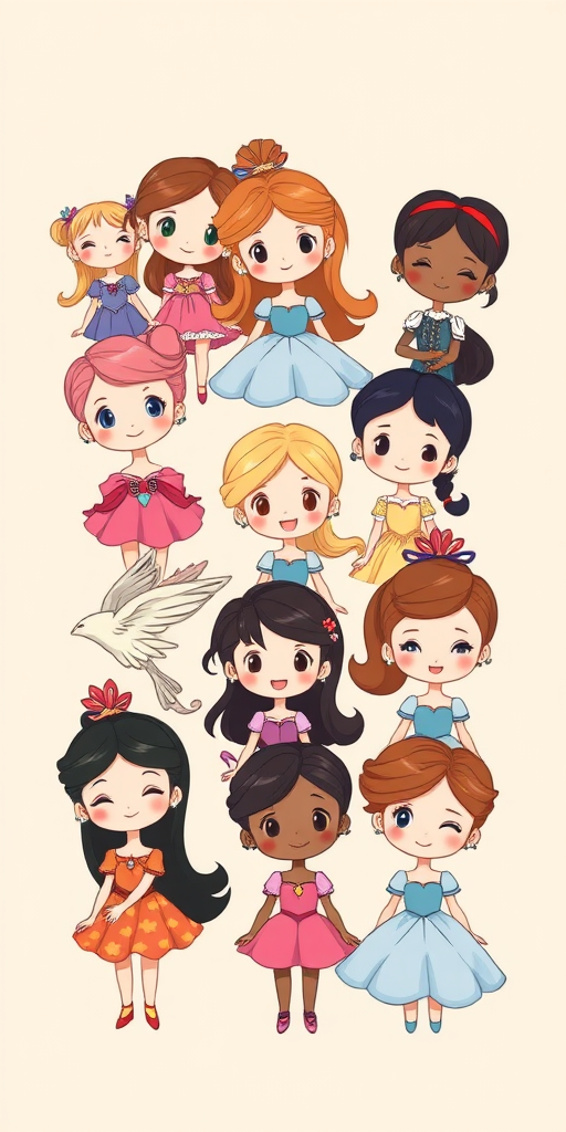 Create a cute and colorful illustration of various cartoon princesses with big heads and small bodies arranged in a playful pattern on a light beige background. Include characters with different hairstyles and outfits, showing a variety of expressions. Make sure the style is whimsical and appealing, capturing a fun and cheerful atmosphere.