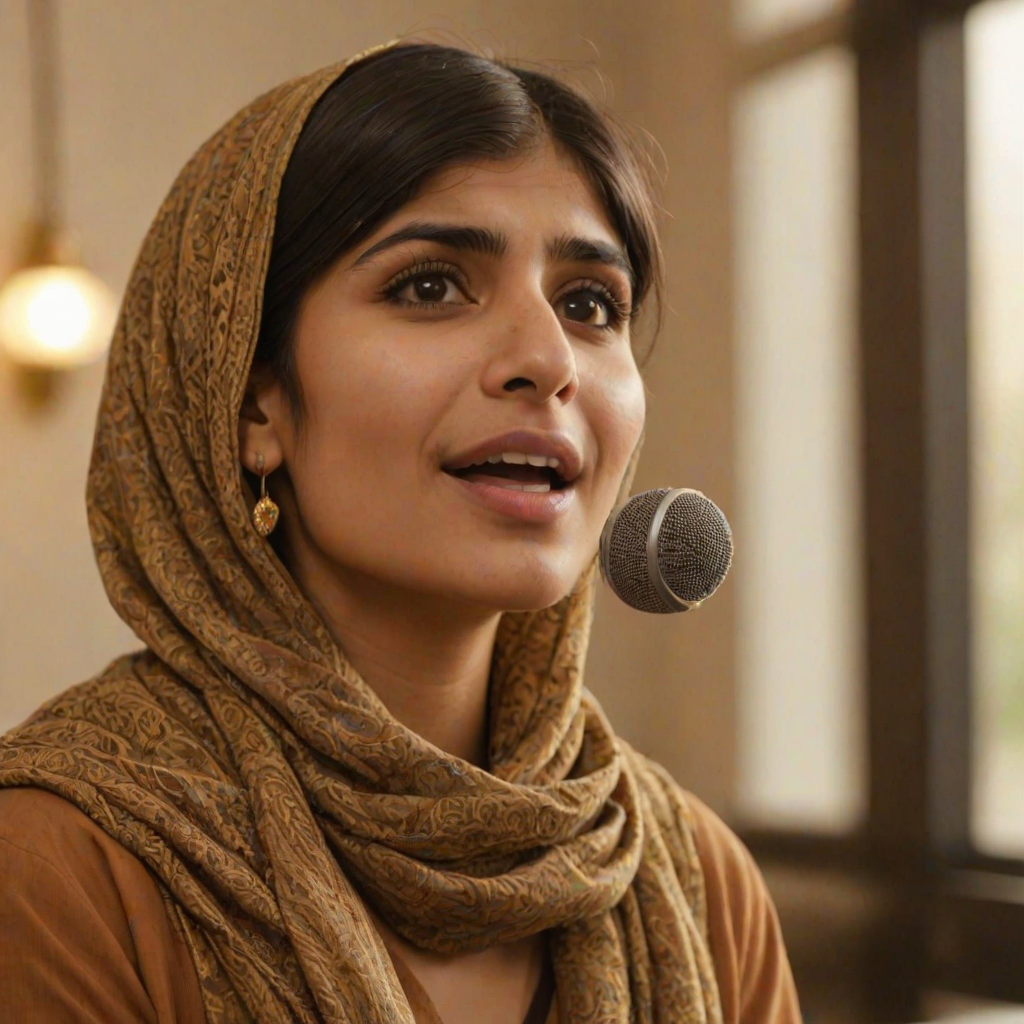 A close-up portrait of a mia khalifa with her eyes closed, singing into a microphone, positioned on the right side of the frame, facing the viewer. She is wearing a brown headscarf, gold earrings, and a brown blouse, and is bathed in warm, golden light emanating from the windows behind her. A blurred figure of a man singing into a microphone is visible in the background. The scene has a sense of calm and spirituality.