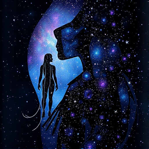 Captivating conceptual render alcohol ink art, double exposure, the paint strokes artfully merge combining a woman's full silhouette with a Jolly jellyfish's silhouette. The figures are composed of a series of colored dots, lines & spots that evoke the image of a cosmic galaxy, colors are deep shades of blue purple & black with flashes of white & silver representing distant stars. The woman's silhouette is formed within the lion's silhouette from constellations of scattered stars, surreal