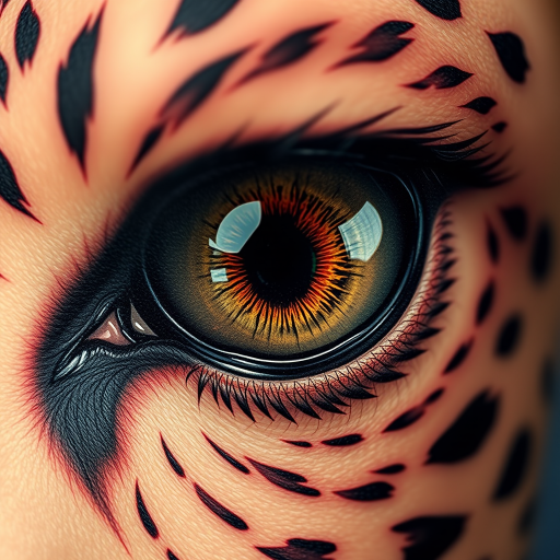 Realistic animal eye tattoo with incredibly detailed iris patterns and reflection, capturing the depth and intensity of a wild creature's gaze in stunning photorealistic style