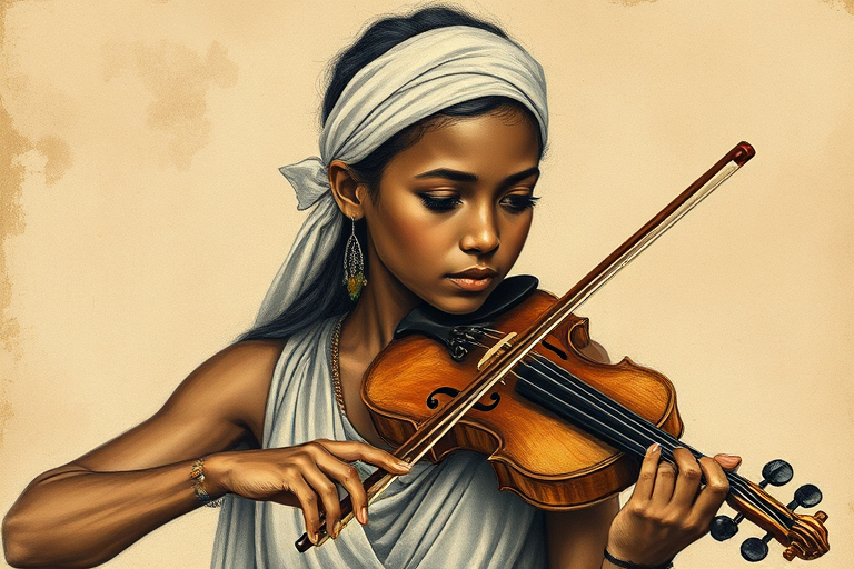 a young Nubian woman with a white headband playing a violin, in the style of a charcoal drawing, sepia grunge background