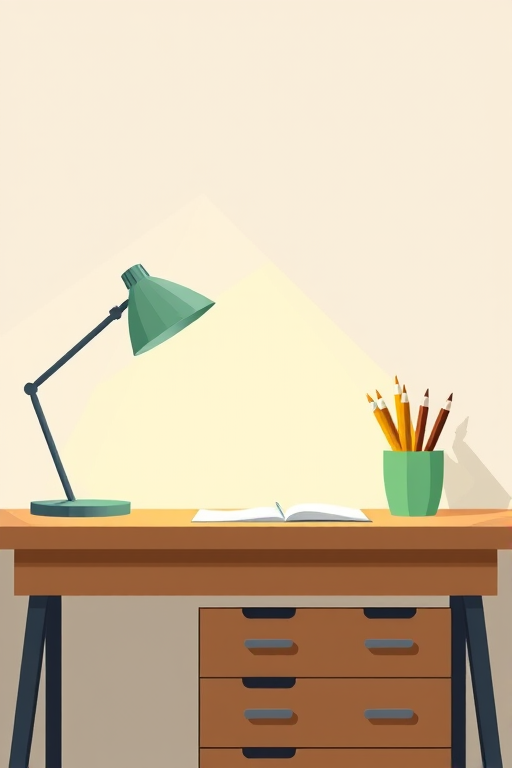 Create a clean, modern illustration of a desk with a lamp, a green pot of pens, and three drawers, using a 50mm lens, aperture f/2.8, ISO 100, and natural lighting for enhanced clarity and depth.