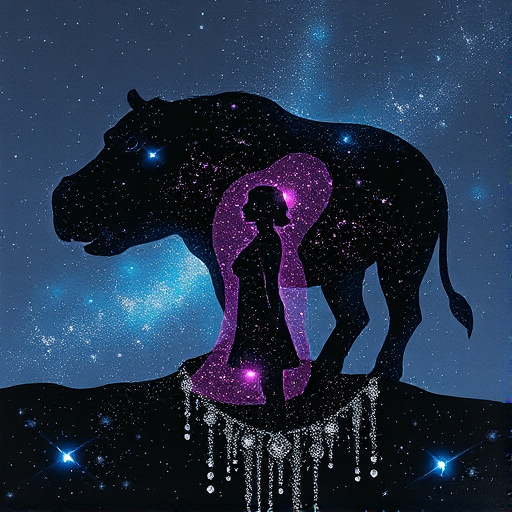 Captivating conceptual render alcohol ink art, double exposure, the paint strokes artfully merge combining a woman's full silhouette with a Lounging hippo's silhouette. The figures are composed of a series of colored dots, lines & spots that evoke the image of a cosmic galaxy, colors are deep shades of blue purple & black with flashes of white & silver representing distant stars. The woman's silhouette is formed within the lion's silhouette from constellations of scattered stars, surreal