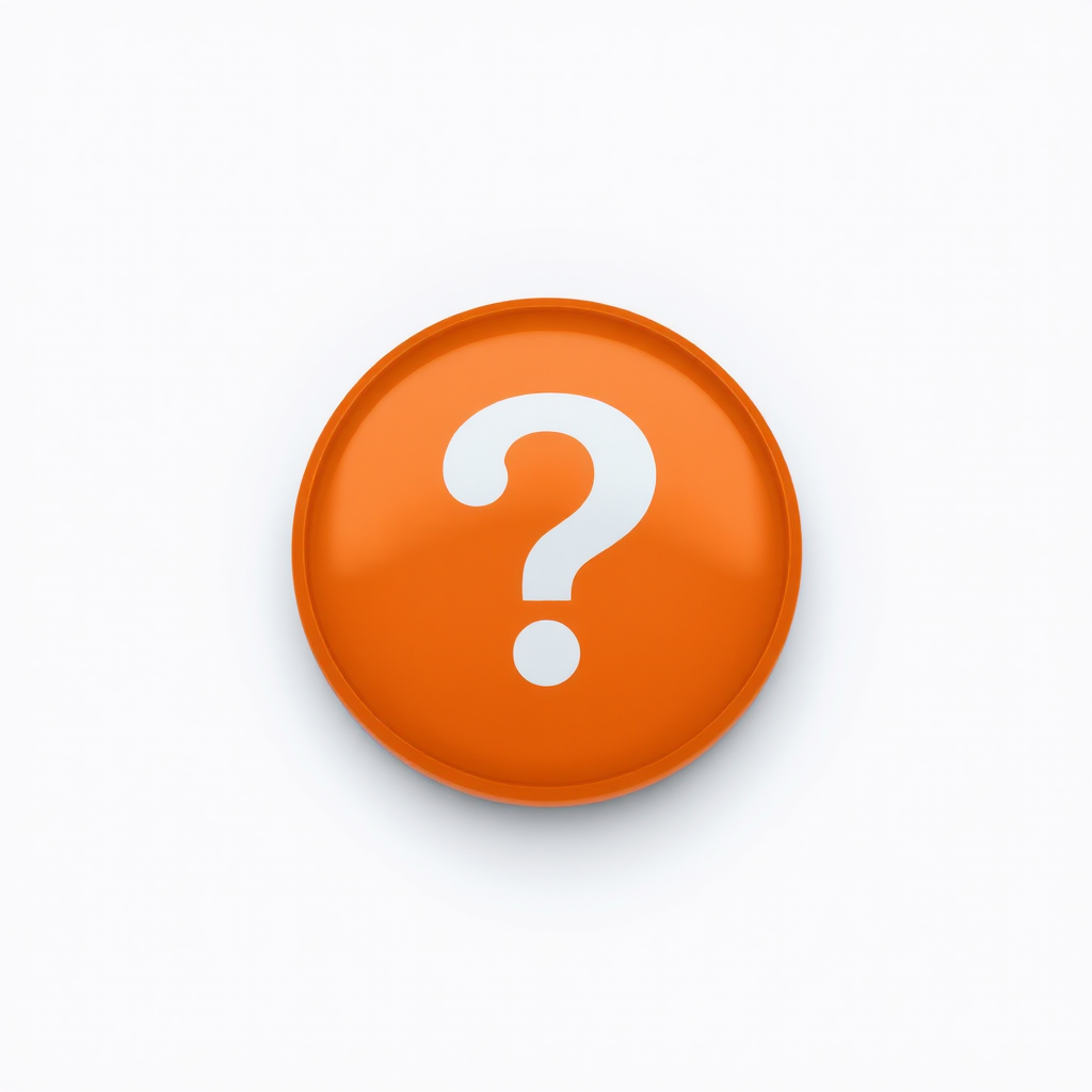 Create a high-resolution image of an orange circular button featuring a large white question mark in the center, captured with a Canon EOS R5 camera at f/2.8 aperture, ISO 100, using a 50mm lens from a straight-on perspective.