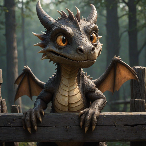 A small, scruffy cartoon-like dragon peers over a wooden fence with wide, expressive amber eyes, giving it an endearing look. The dark, muted background with streaks of faded color adds to the atmosphere of vulnerability and longing. The dragon's oversized eyes, full of emotion, draw the viewer in, evoking a sense of empathy and tenderness. Flecks of light and small bits of debris gently float through the scene, creating a soft, melancholic mood as the dragon waits patiently for comfort.