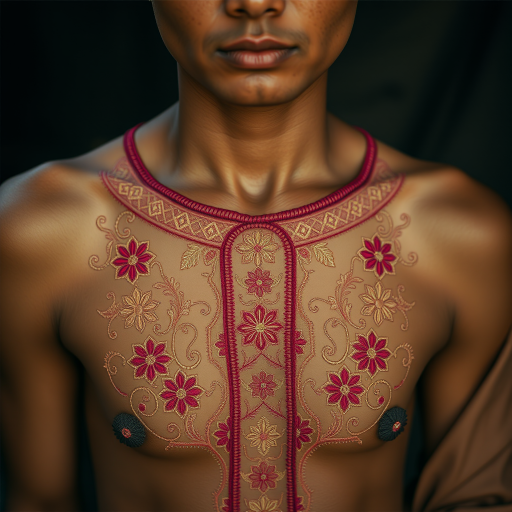 Face, shoulders, chest covered in openwork Malay embroidery. Raw, unedited image.
