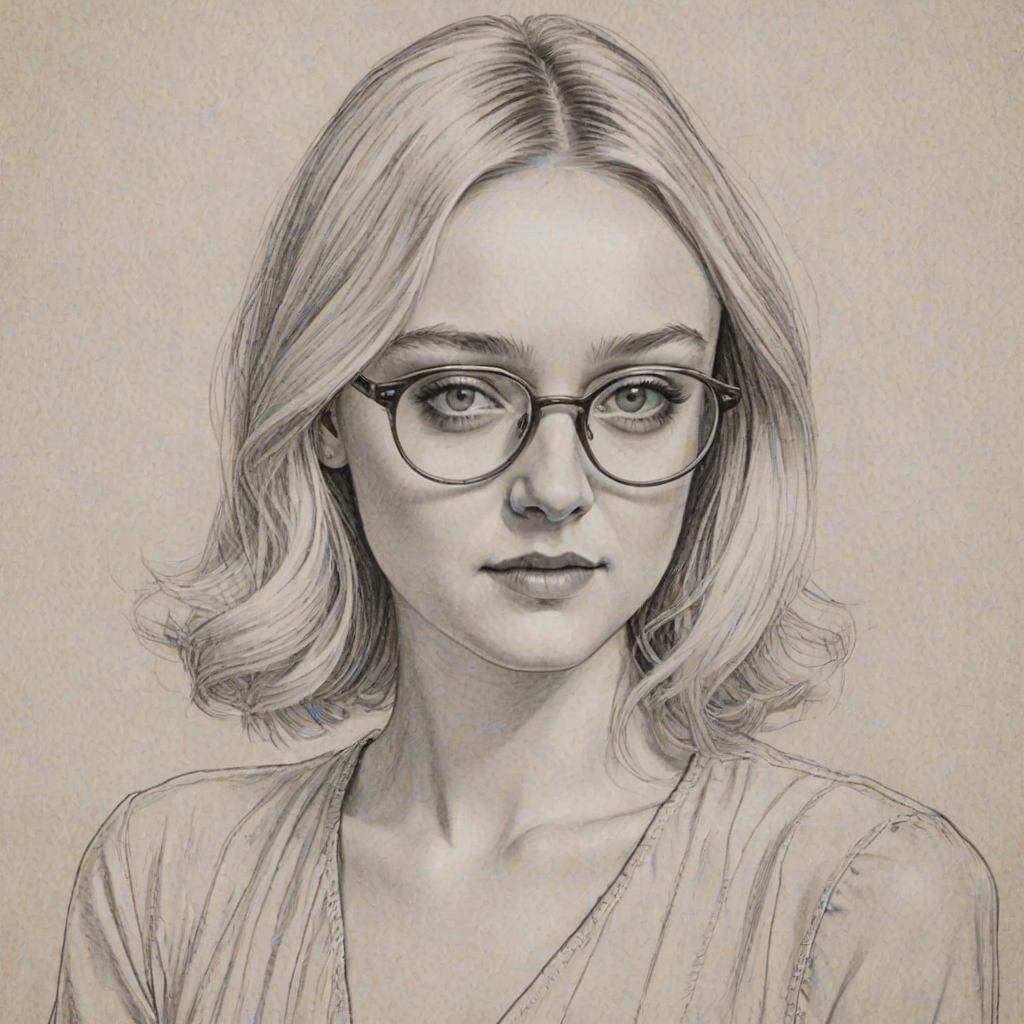 Elegant Dakota Fanning, pencil sketch, portrait of Fascinating woman 1937s in glasses, hair style beatnik, outline, clear lines, fine lines, 8k