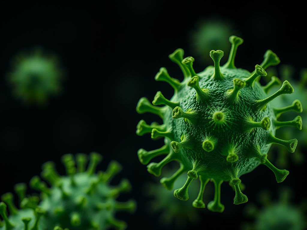 Regenerate the image of green virus-like structures on a dark background with a soft focus depth of field, using a DSLR camera with a 50mm lens, aperture set to f/2.8, ISO 100, and a macro photography style to capture fine details and enhance image quality.