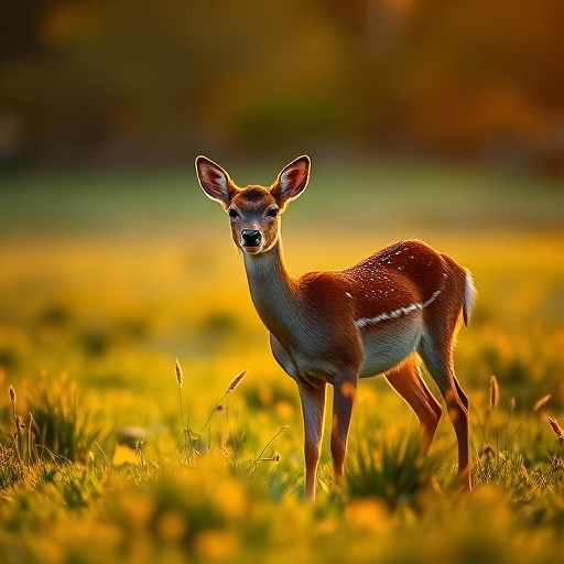 Capture a serene image of a young deer in a lush green meadow during golden hour using a DSLR camera, 85mm lens, aperture f/2.8, ISO 200, shutter speed 1/200 sec, with a shallow depth of field for a soft background blur.