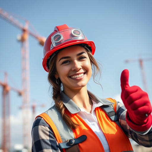 Generate an image of a female construction worker wearing a red hard hat and gloves, smiling and giving a thumbs up, set against a backdrop of construction cranes and a blue sky, captured with a DSLR camera at f/8, ISO 200, 1/500 sec, using a wide-angle lens at 24mm for enhanced depth of field and clarity.