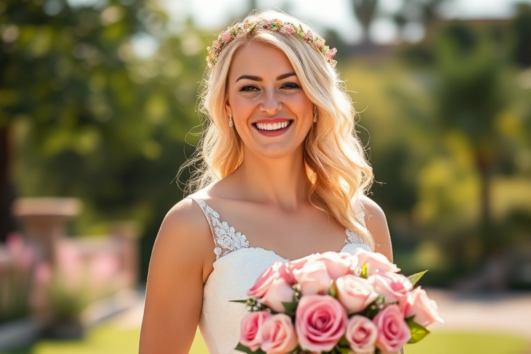 Create an image of a joyful bride with blonde hair in a white wedding dress, wearing a floral headpiece and holding a bouquet of pink roses, captured in soft natural light using a DSLR camera with a 50mm lens, aperture f/1.8, shutter speed 1/100s, ISO 200, in a bright outdoor setting to enhance colors and details.