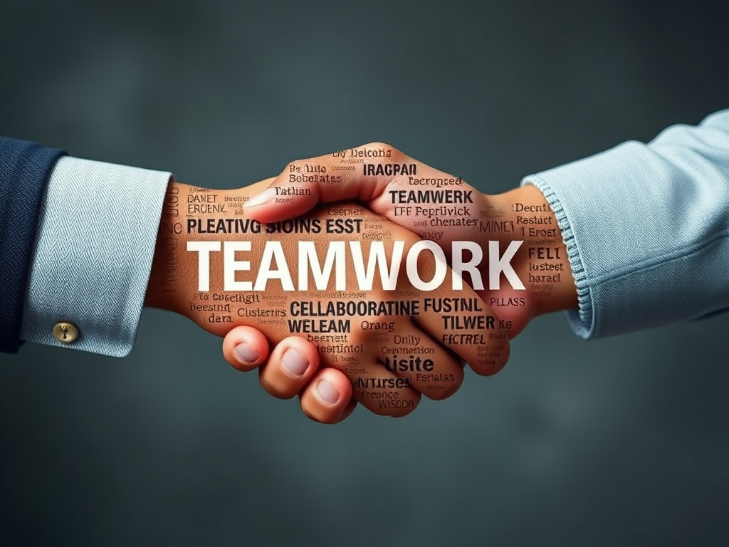 Create an artistic representation of two hands shaking, filled with words related to teamwork and collaboration, using a Canon EOS 5D Mark IV camera, 50mm lens, f/1.8 aperture, ISO 100, shot from a 45-degree angle with a shallow depth of field for enhanced detail.