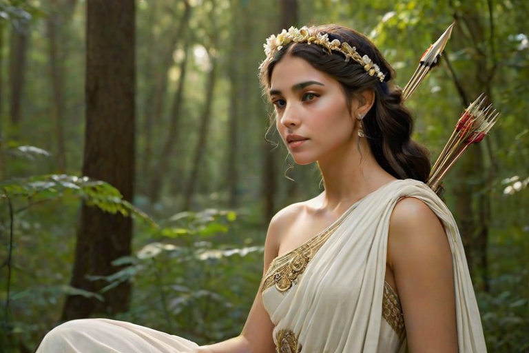 Create a portrait of a goddess-like Coptic girl figure in a tranquil, forested environment. She has an elegant appearance with long, wavy hair styled in an updo and adorned with a delicate, floral headband. She wears a flowing, ancient Greek-inspired gown in a soft, pale color, featuring a one-shoulder design and draped fabric that accentuates her graceful form. The outfit includes a decorative belt with ornate gold detailing, and she holds a bow in her hand, with a quiver of arrows slung over her shoulder. The background depicts lush greenery, with sunlight filtering through the trees, casting a gentle, ethereal light on the scene. Her expression is calm and contemplative, embodying a sense of wisdom and serenity.
