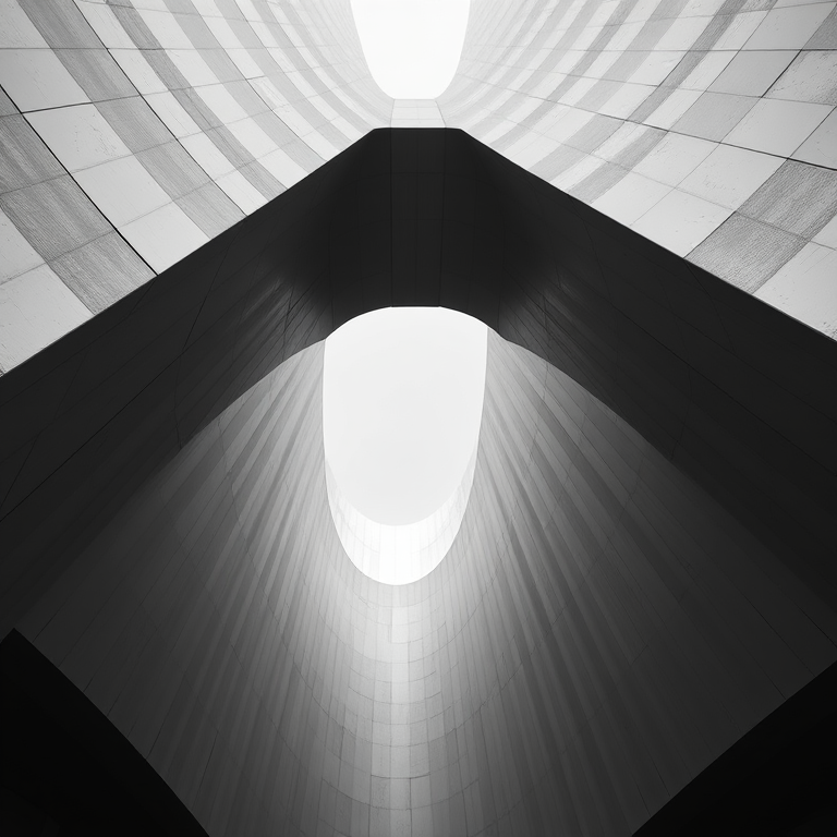 Create a high-resolution image of abstract architecture featuring curved and textured surfaces in black and white, shot with a Canon EOS R5 at f/8, ISO 100, with a 24mm wide-angle lens, using a low-angle view to emphasize the dimensionality and patterns of the structures.