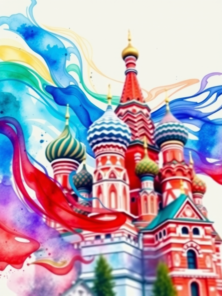 Create a vibrant watercolor illustration featuring the Russian flag with dynamic swirling colors, St. Basil's Cathedral in the background, using a DSLR camera, f/8 aperture, ISO 100, 50mm lens, shot from a low angle to enhance details and depth.
