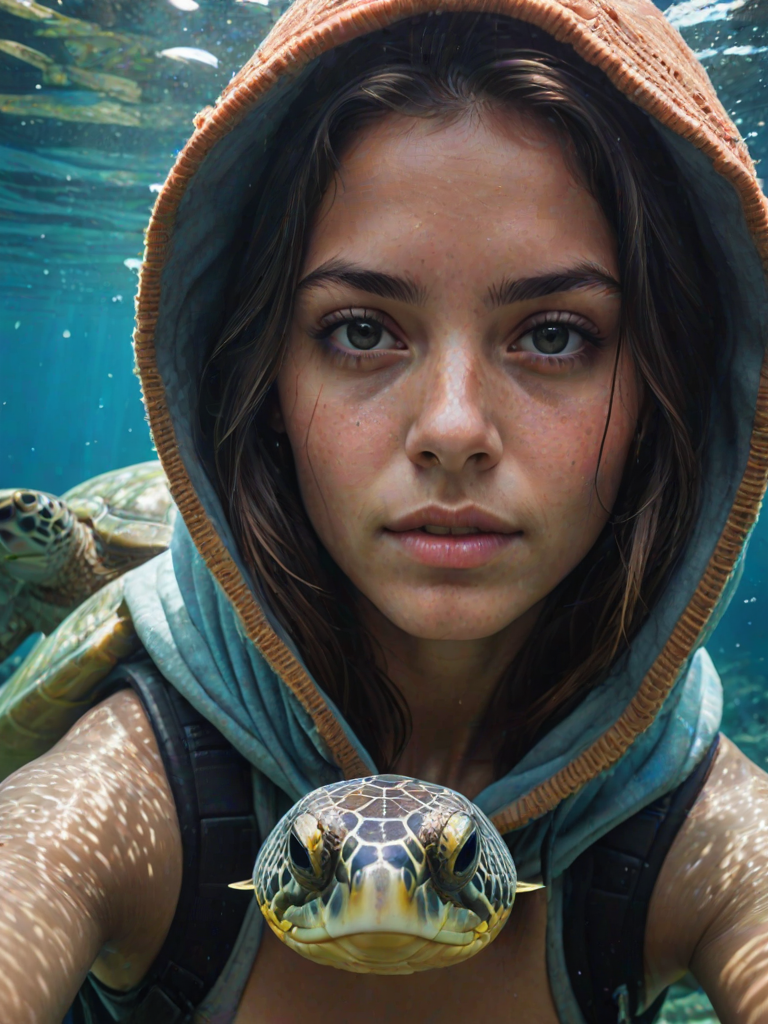 Realistic selfie image of a Guarani, wearing a vintage outfit, detailed dreamy eyes, droopy hooded eyes, staring at the camera, taken underwater at coral reef with a sunbeam filtering through the water, vibrant, summer vacation, natural lighting, turtle and school of tropical fish with vibrant colors, rendered in the style of CryEngine, Pegi Nicol MacLeod, with realistic genre scenes, hauntingly beautiful narratives, ultra-realism, and Thomas Saliot's close-up technique, 8K resolution, crystal clear and sparkling water.