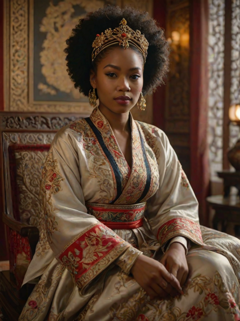 A beautiful Afro-Caribbean woman in traditional East Asian attire, intricately detailed with embroidered patterns, sitting gracefully in a richly decorated room, soft ambient lighting, serene and elegant, ultra-realistic, 8K resolution