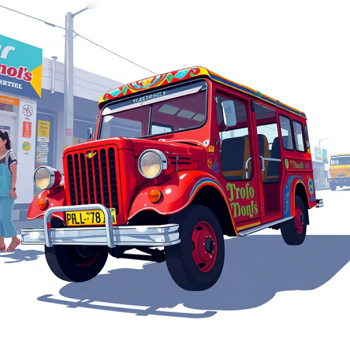Create a vibrant illustration of a red jeepney with colorful designs and patterns, using a high-resolution digital format, shot from a low angle to emphasize its unique shape, with soft shadows for depth, in a realistic style with a focus on detail and texture.