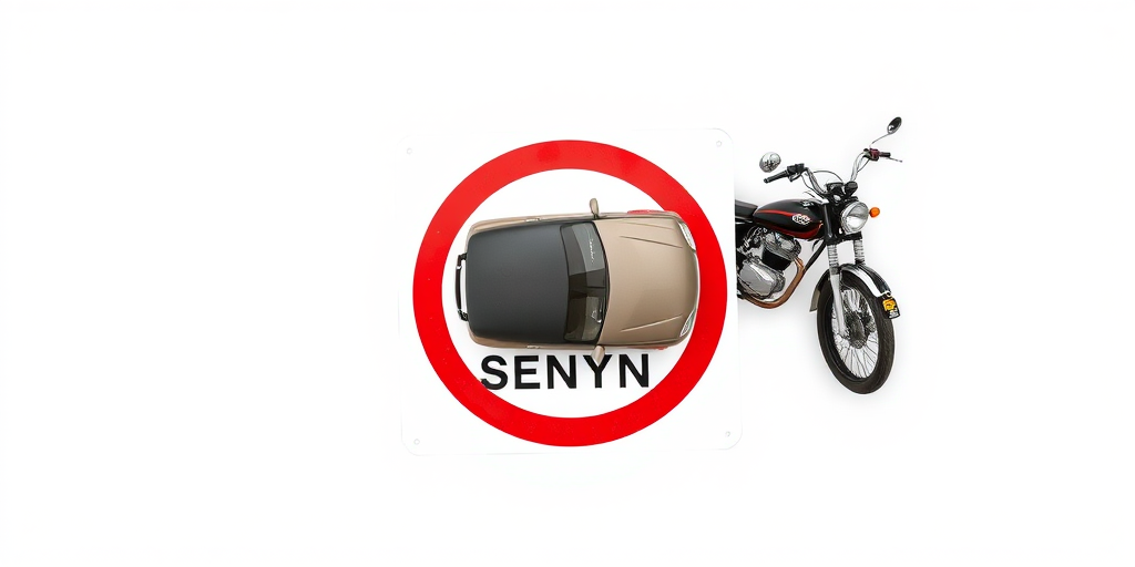 design a minimalist no entry sign featuring a vintage car and a motorcycle on a plain background, using a Canon EOS R5, 50mm lens, aperture f/8, ISO 100, with a top-down view and a flat lay style for enhanced clarity and detail