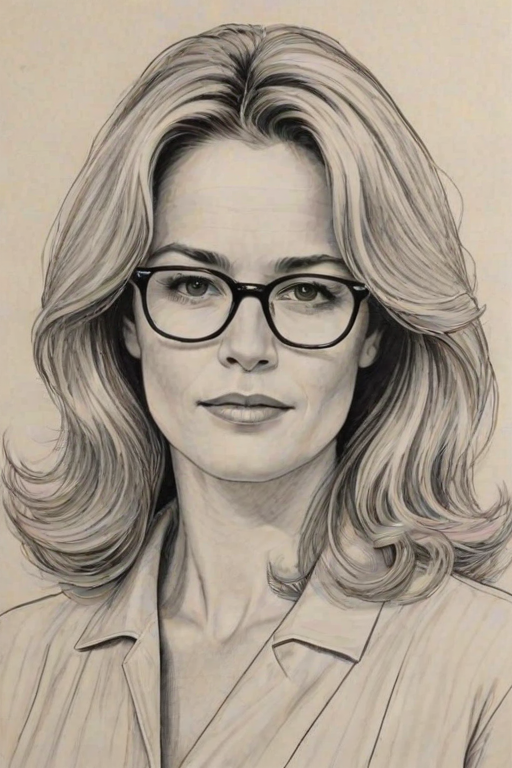 Sublime Elizabeth Shue, pencil sketch, portrait of Enticing woman 1961s in glasses, hair style beatnik, outline, clear lines, fine lines, 8k