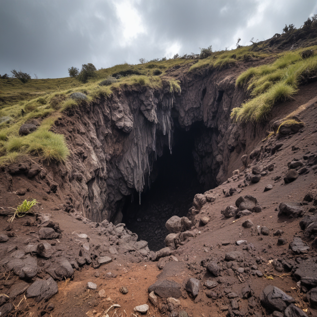 Roof caving in and falling on a volcano