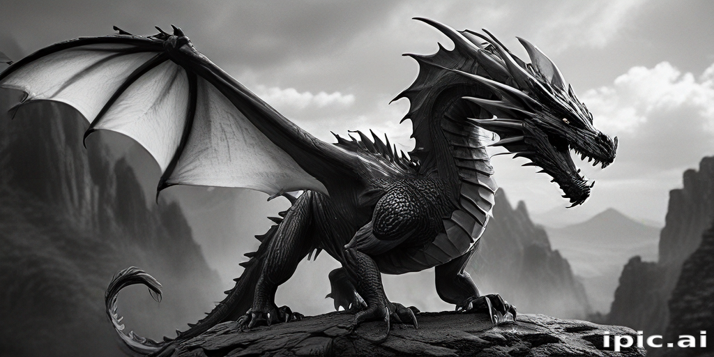 Majestic Black Dragon Perched on a Rocky Cliff Against a Stormy Sky.