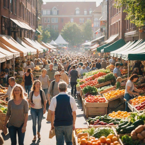 Blurry candid shot of a lively farmer's market, with vendors displaying fresh produce, soft sunlight illuminating the vibrant colors, and shoppers happily browsing.