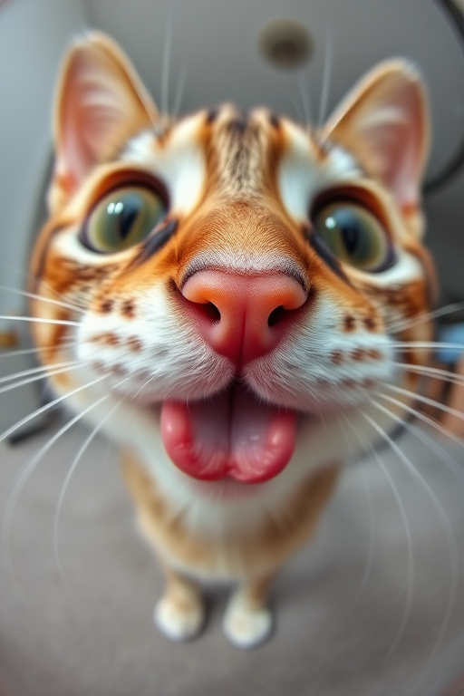 A close-up photograph of a cat's face with big eyes and a prominent pink nose sticking out its tongue, taken with a fisheye lens to emphasize the features and create a playful perspective. The background is slightly blurred to keep the focus on the cat's facial expression.