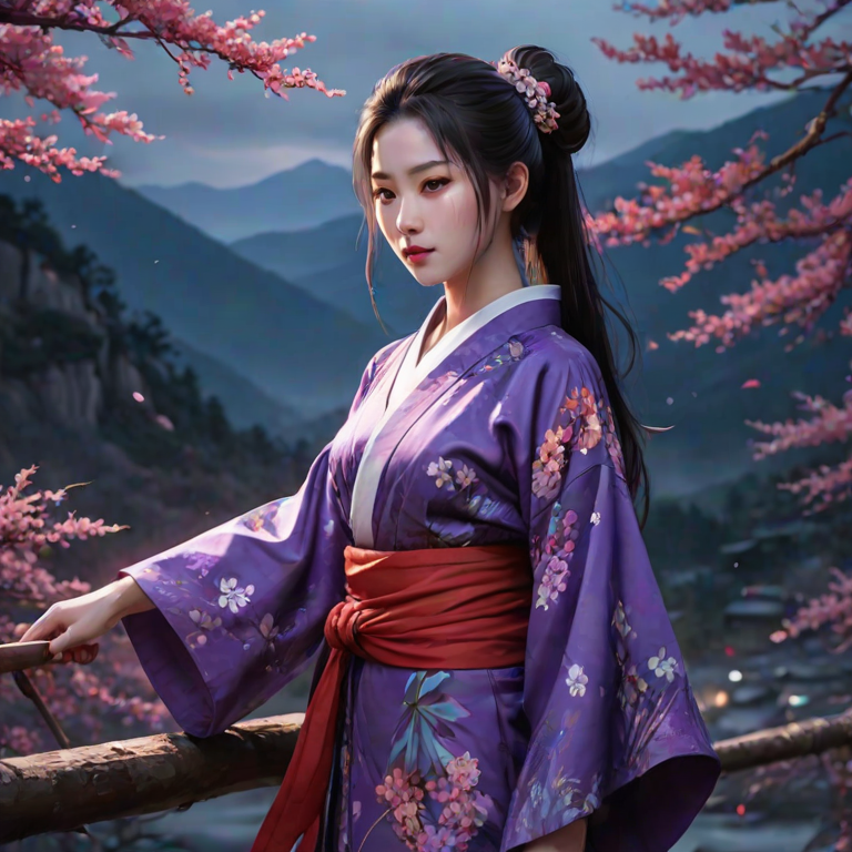 masterpiece, best quality, aesthetic, 8k unreal engine photorealism, ethereal lighting, purple, nighttime, darkness, surreal art, fantasy, glowing, night, (dark environment), Nakiri Ayame, long hair, side ponytail, AyameNewYears, red kimono, floral print, hair flower, sash, wide sleeves, white background, scenery, ink, mountains, water, trees, full body, Unleash a spectrum of colors in a frenetic display, with energetic brushstrokes, splattering paints, and wild color combinations colliding in a truly chaotic manner, from behind,