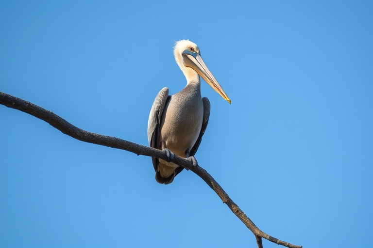 A pelican perched on a tree branch against a clear blue sky, captured with a Canon EOS R5, 85mm lens, aperture f/4, ISO 100, shutter speed 1/500s, with a shallow depth of field to blur the background and enhance the bird's details.