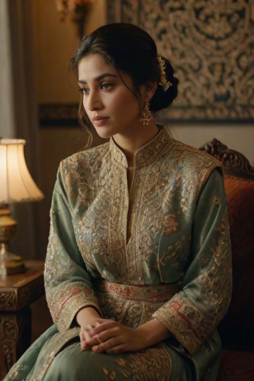 A beautiful Pakistani woman in traditional East Asian attire, intricately detailed with embroidered patterns, sitting gracefully in a richly decorated room, soft ambient lighting, serene and elegant, ultra-realistic, 8K resolution