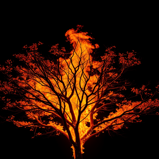 A flaming tree with intense orange and yellow flames, smoke curling upward, black background, captured with a Canon EOS R5, 50mm lens, f/1.8 aperture, 1/200 sec shutter speed, ISO 200, low angle view, dramatic lighting, high dynamic range.