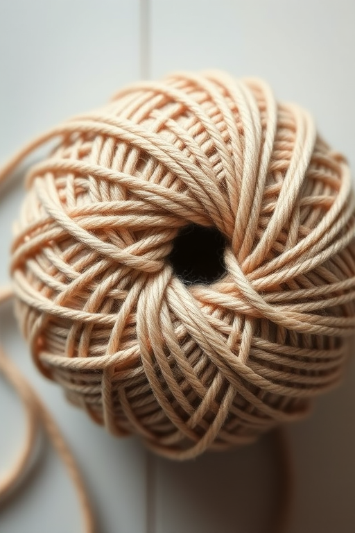 Create a high-resolution image of a textured ball of yarn, shot with a Canon EOS R5 at f/2.8, ISO 100, 50mm lens, top-down view, soft natural lighting, in a minimalistic style.