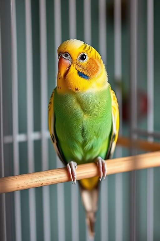 A vibrant budgerigar perched on a wooden rod inside a cage, captured with a DSLR camera at 50mm focal length, aperture f/2.8, ISO 100, shutter speed 1/200s, with a shallow depth of field focused on the bird, natural lighting for enhanced colors and detail.