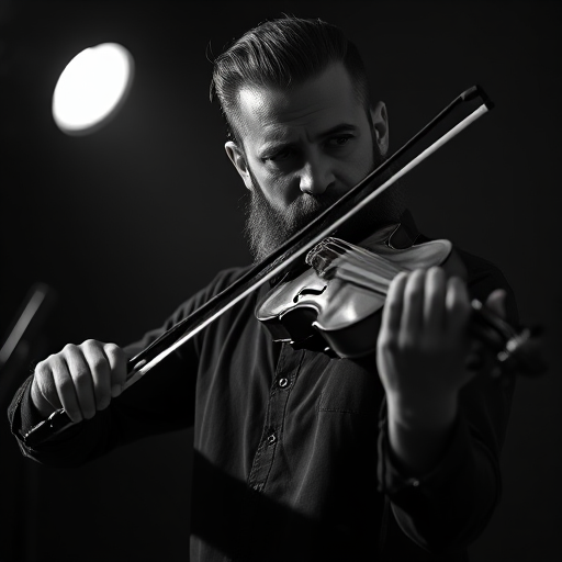 Photograph a man with a beard playing the violin in a low-key, dramatic lighting setup, using a Canon EOS R5 camera, 50mm lens at f/1.8, ISO 100, shutter speed 1/125 sec, captured from a slightly low angle to emphasize expression and movement, in monochrome to highlight contrast and texture.