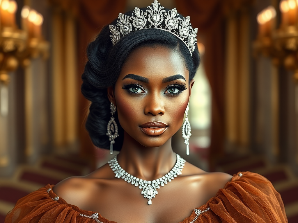 A gorgeous African American woman in a luxurious brown gown, accessorized with a dazzling tiara and statement earrings, her deep white eyes highlighted by impeccable makeup, poised in a royal setting, photorealistic, 8K quality