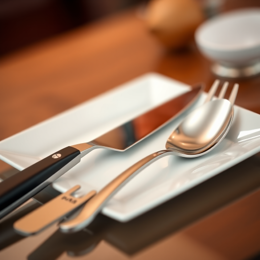 Generate an image of a knife, fork, and spoon arranged neatly on a table with a soft-focus background, shot with a DSLR camera, 50mm lens, aperture f/2.8, ISO 100, and a shallow depth of field for enhanced clarity.