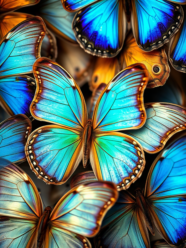 a high-resolution close-up of brightly colored butterflies, showcasing various species with iridescent blue and brown wings, evenly illuminated, taken with a Canon EOS R5, 50mm lens, f/2.8 aperture, ISO 100, natural light, shallow depth of field, capturing intricate wing patterns and textures