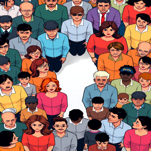 create an illustration of a diverse group of people in an organized arrangement, use a high-resolution digital art style with a focus on vibrant colors, camera settings: f/5.6 aperture, ISO 100, 1/250 shutter speed, camera view: top-down perspective, camera style: vector graphic, camera type: digital illustration