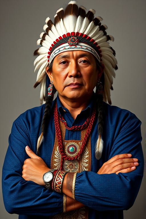 Create a dignified portrait of a Native American man dressed in traditional attire. He wears a beautifully crafted headdress adorned with white feathers and red beads, along with a beaded headband featuring intricate patterns. His clothing includes a deep blue, patterned shirt and a traditional chest piece with detailed beadwork. His arms are crossed, displaying leather armbands decorated with feathers. The background is simple and neutral, emphasizing his proud and stoic expression. The overall image captures the rich cultural heritage and strength of his persona.