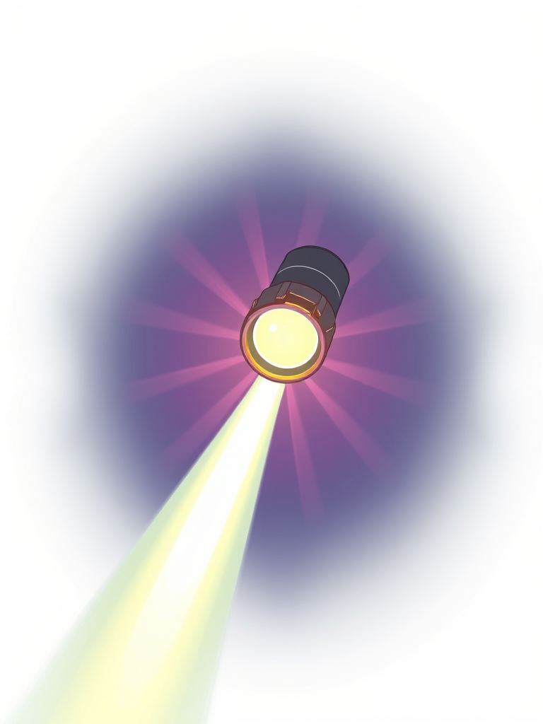 Illustration of a flashlight emitting light, top-down view, high-resolution, studio lighting, 50mm lens, f/2.8 aperture, ISO 100, digital camera.