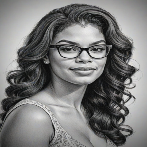 Stunning Jordin Sparks, pencil sketch, portrait of Captivating woman 1947s in glasses, hair style beatnik, outline, clear lines, fine lines, 8k