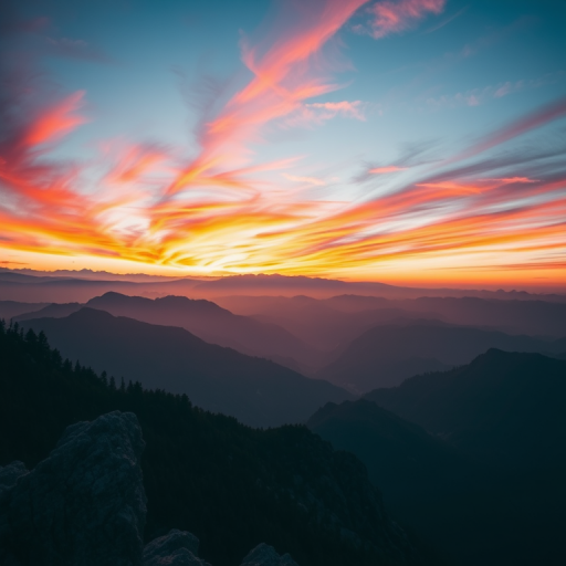 Create a high-resolution image of a serene mountain landscape at sunrise with vibrant colors in the sky, camera settings at f/8, ISO 100, shutter speed 1/125s, viewed from a high vantage point using a DSLR camera with a wide-angle lens for enhanced depth and clarity.