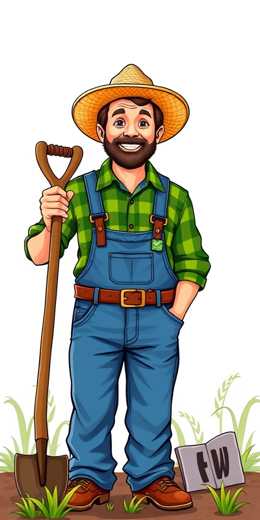 Create a colorful illustration of a cheerful farmer standing with a hoe, wearing a straw hat, checkered green shirt, and blue overalls, captured with a digital camera in portrait mode, f/2.8 aperture, ISO 100, 50mm lens for sharp focus and vibrant colors.