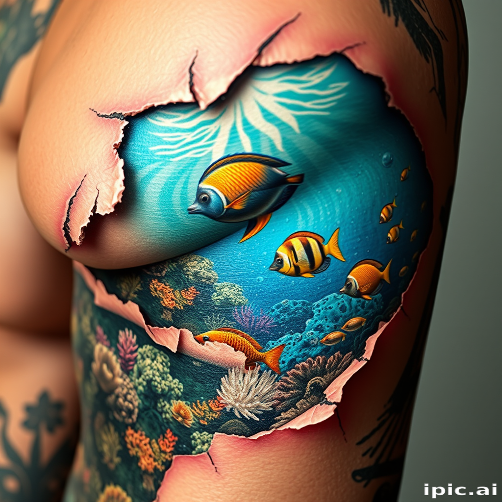 Hyper-realistic 3D tattoo entitled "Living Canvas" depicting a trompe l'oeil effect of torn or peeled skin revealing a vivid underwater scene beneath complete with coral reefs tropical fish and shimmering water rendered in exquisite detail with advanced shading techniques creating the illusion of depth and texture so lifelike it appears as if the skin has truly been transformed into a window to another world