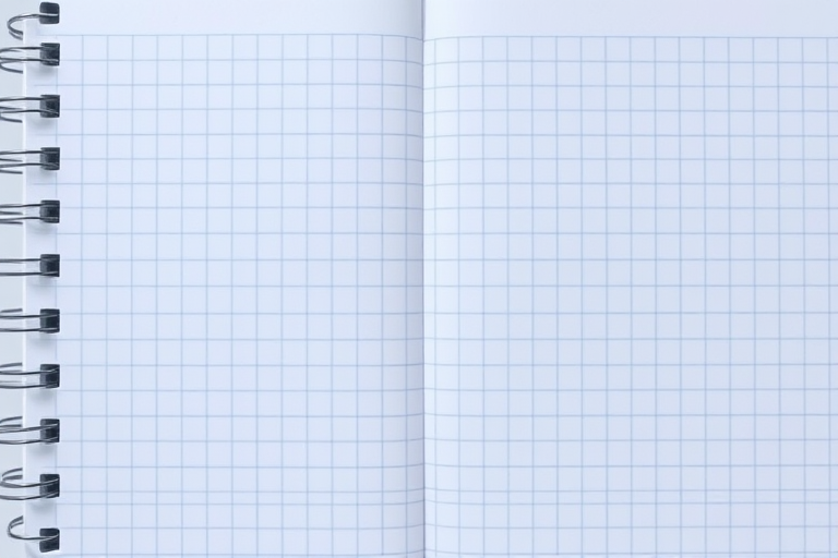 empty spiral notebook page with a light blue grid pattern, top-down view, natural lighting, 50mm lens, f/2.8 aperture, ISO 100, DSLR camera