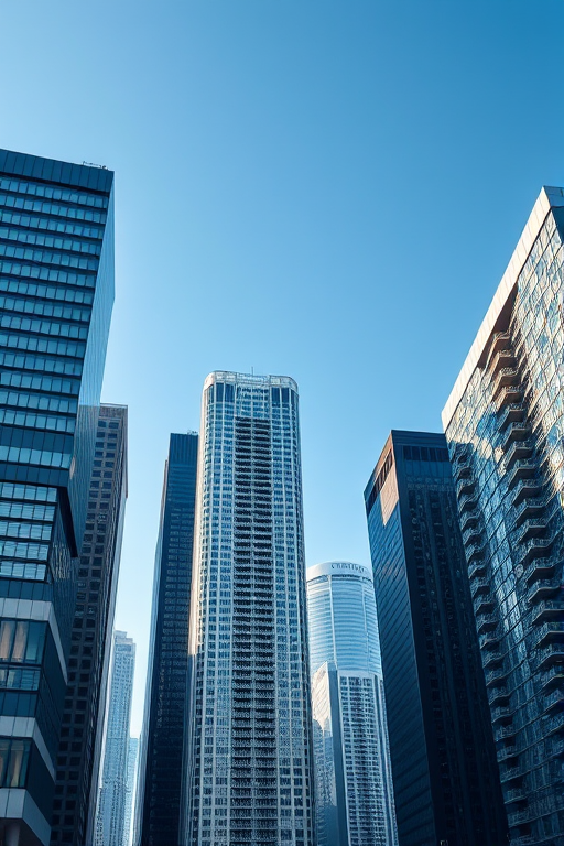 high-resolution urban skyline photo of modern high-rise buildings under a clear blue sky, shot with a Canon EOS R5, 24mm lens, f/8 aperture, ISO 100, daylight setting, wide-angle view to capture the entire structure