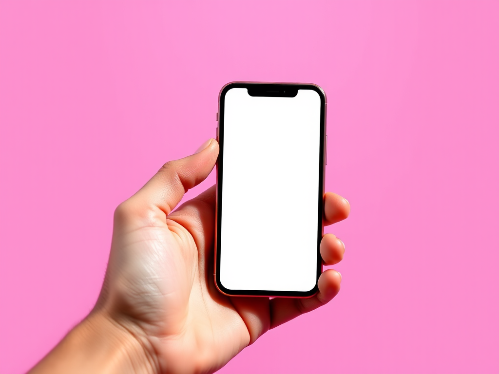 A hand holding a smartphone with a blank screen, vibrant pop art style, with a solid bright background, shot with a DSLR camera, 50mm lens at f/2.8, ISO 200, 1/250 sec, natural lighting to enhance color vibrancy.